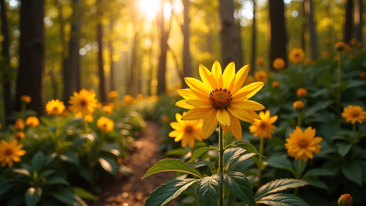 Bright yellow flowers in a sunlit forest setting