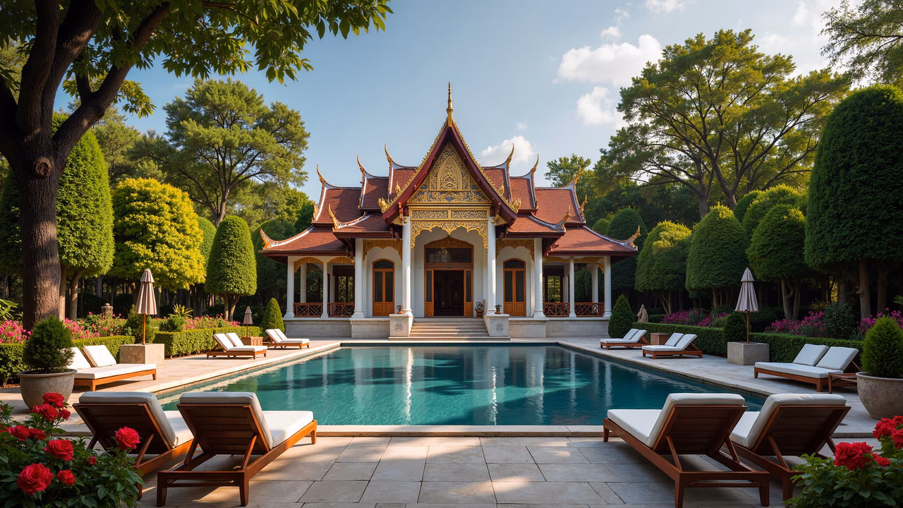 A tranquil Thai-inspired villa surrounded by lush greenery and a serene pool.