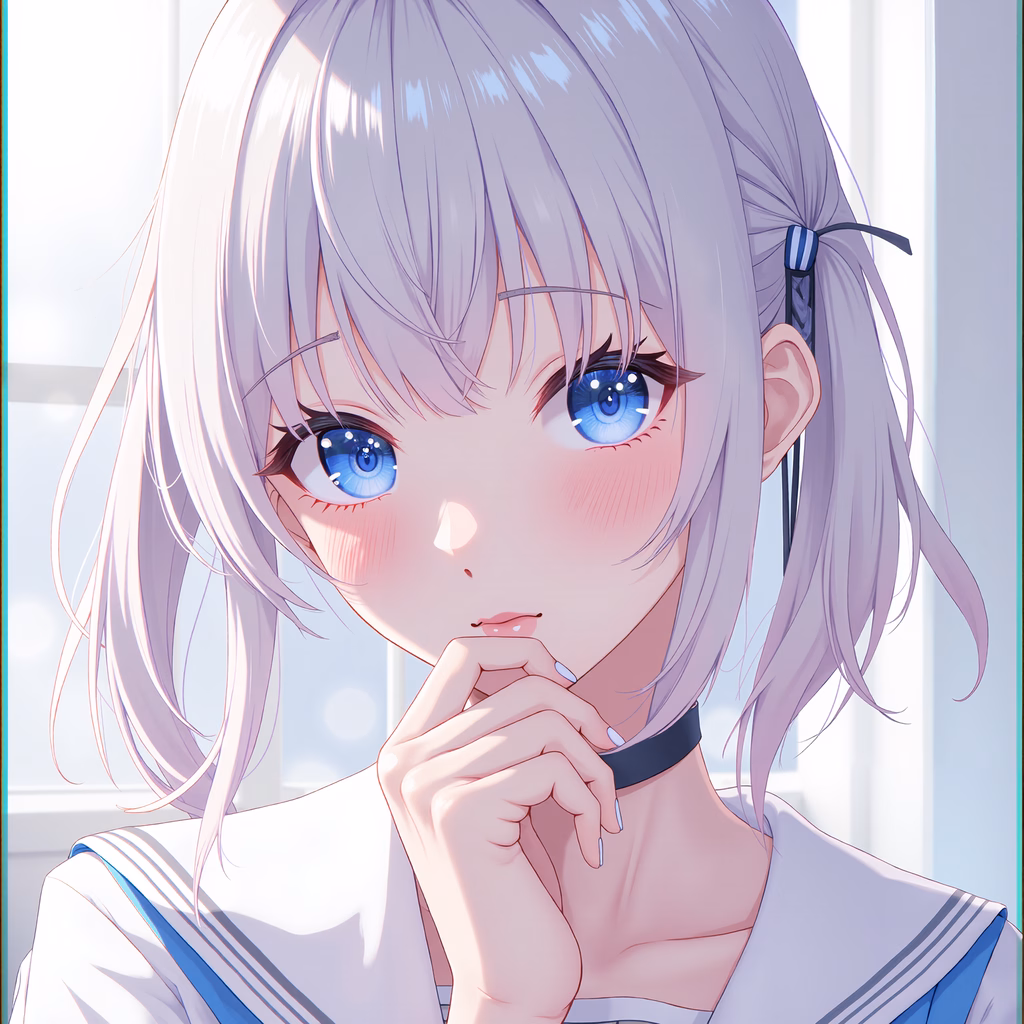 A thoughtful anime girl in a serene, pastel-colored setting.