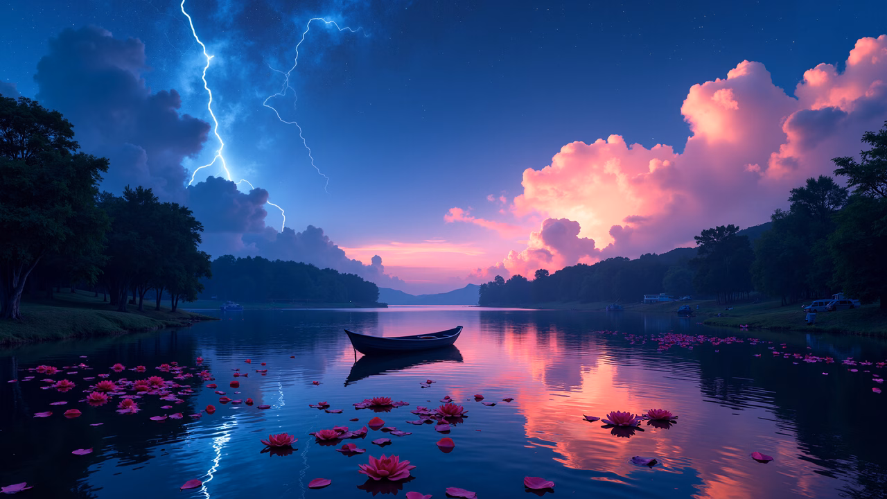 A serene lake scene under a stormy sky with lightning and pink clouds, reflecting in calm waters with lotus flowers.