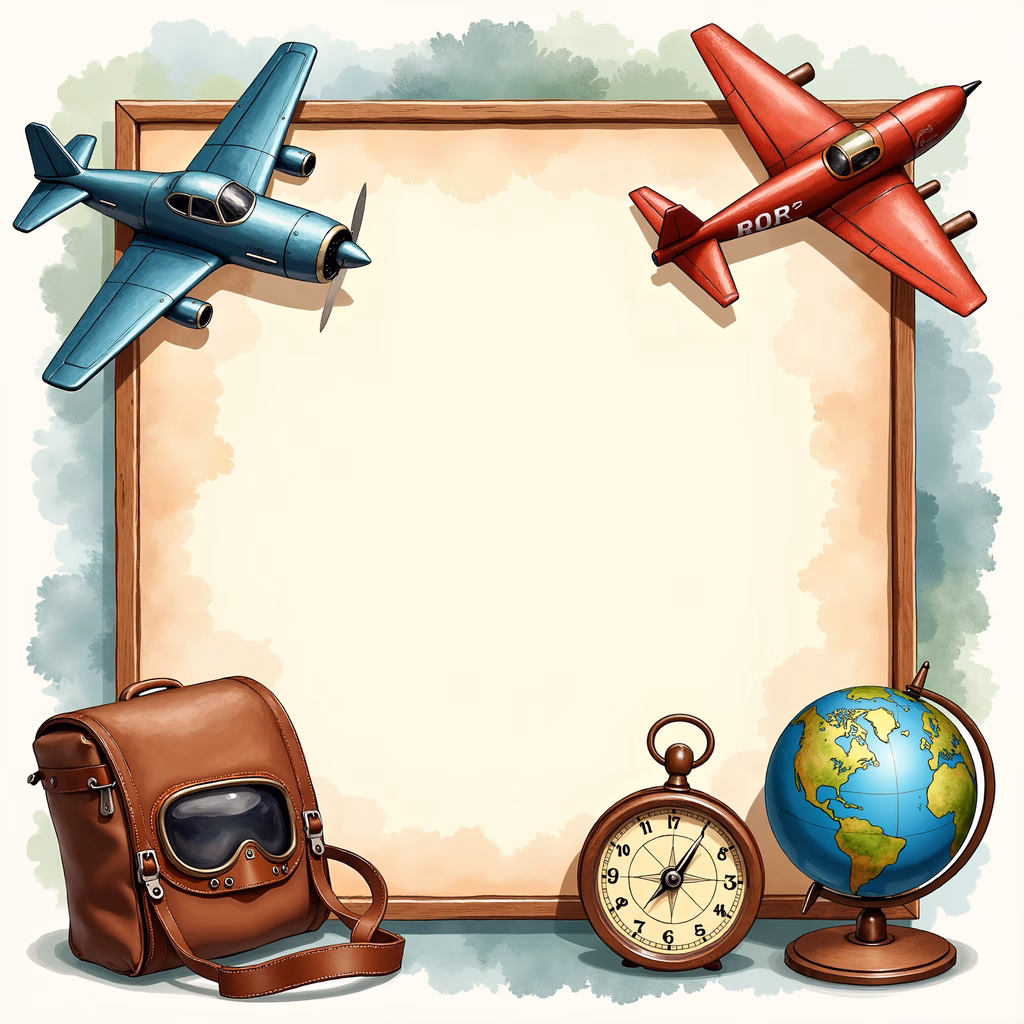 Vintage travel gear and airplanes in a nostalgic illustration.