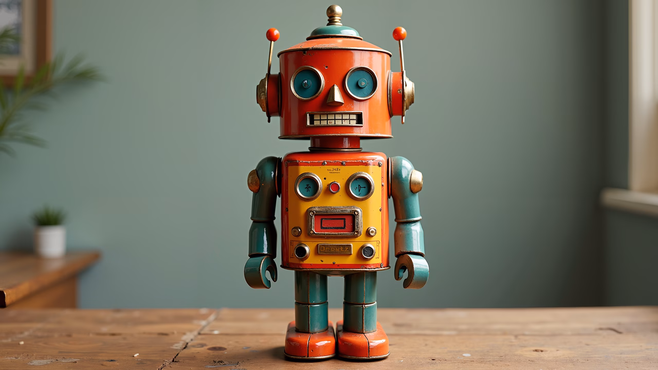 Vintage robot with colorful details on a wooden table, evoking nostalgia.