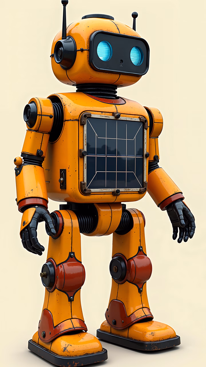 Vintage robot with glowing eyes and intricate details, evoking mid-20th-century sci-fi charm.