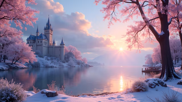 Winter Castle Sunset Illustration