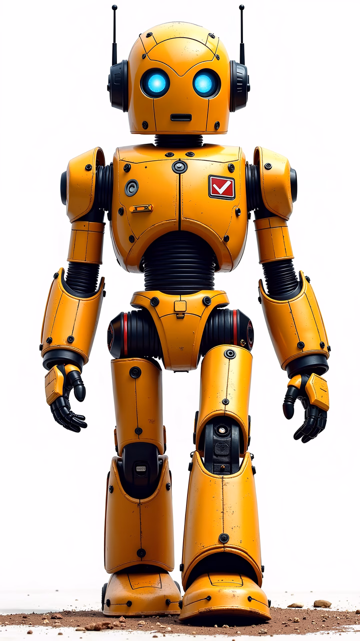Detailed illustration of a yellow robot with glowing blue eyes, standing on a rocky surface.