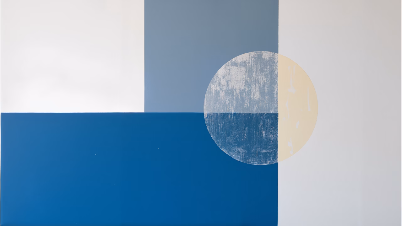 Minimalist abstract artwork with blue and yellow elements, evoking tranquility.