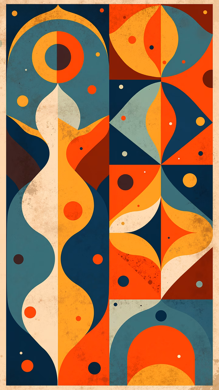 Vibrant geometric abstract with bold colors and dynamic patterns.