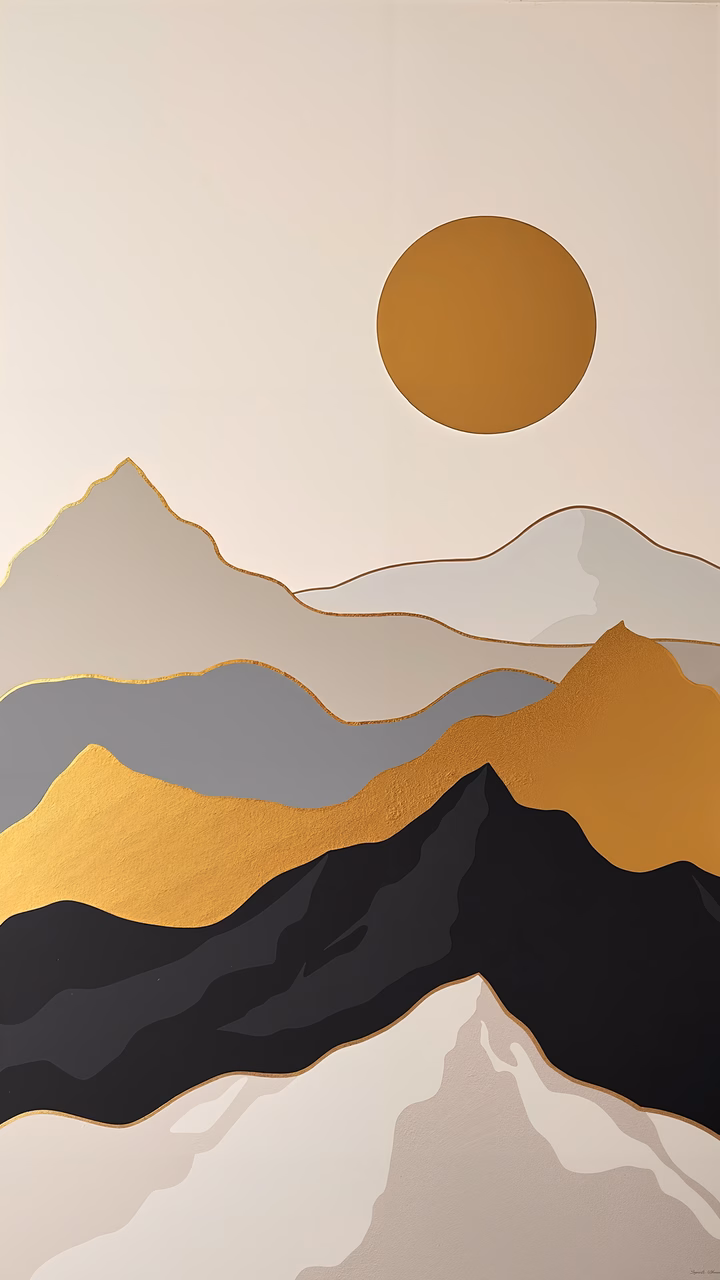 Minimalist abstract landscape with golden sun and layered mountains.