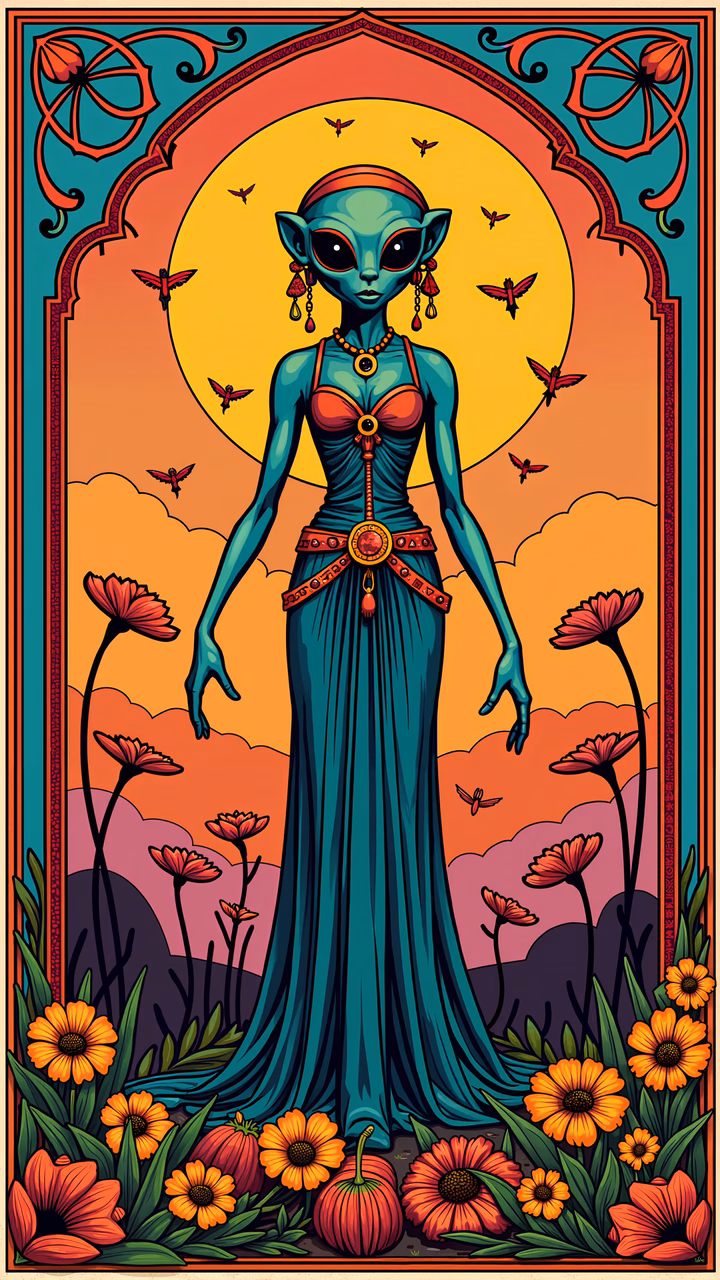 Alien goddess in a mystical sunset setting with vibrant colors and intricate details.