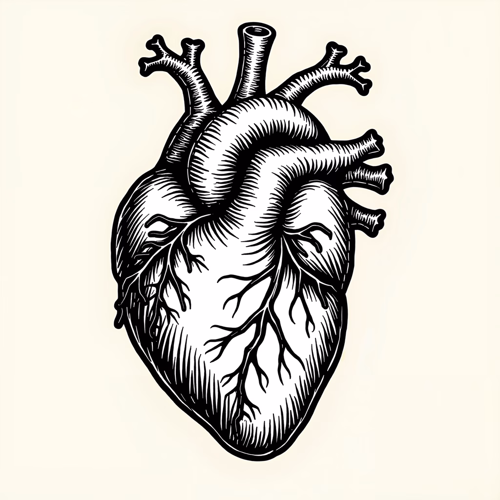 Detailed anatomical heart illustration in black and white linework style.