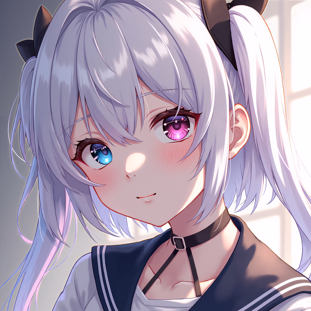 Contrast eyes anime girl with cat ears and sailor uniform.