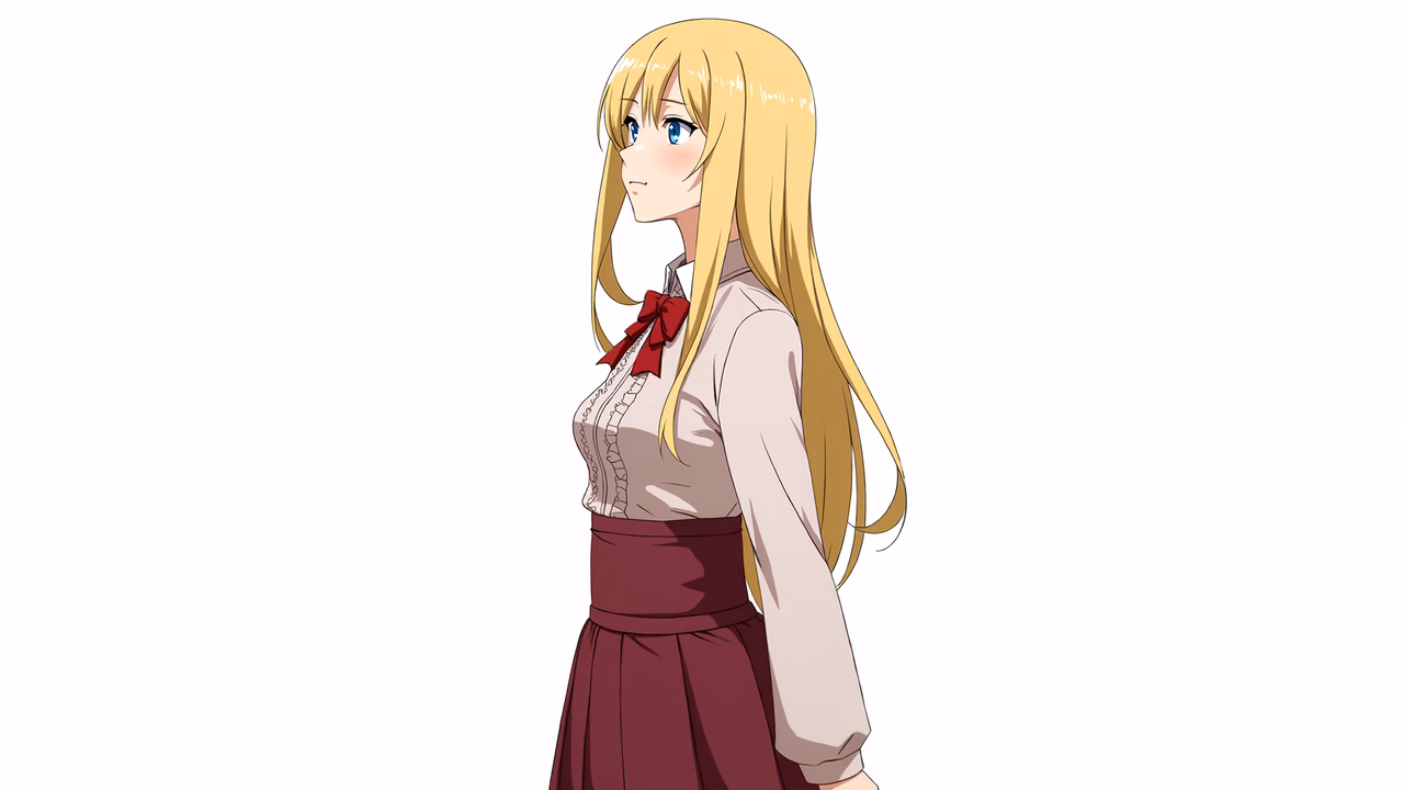 A serene anime girl with long blonde hair and blue eyes, dressed in a white blouse and maroon skirt.