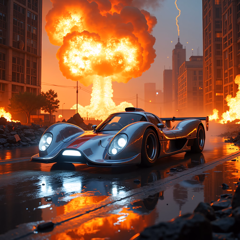 Futuristic race car amidst apocalyptic cityscape.