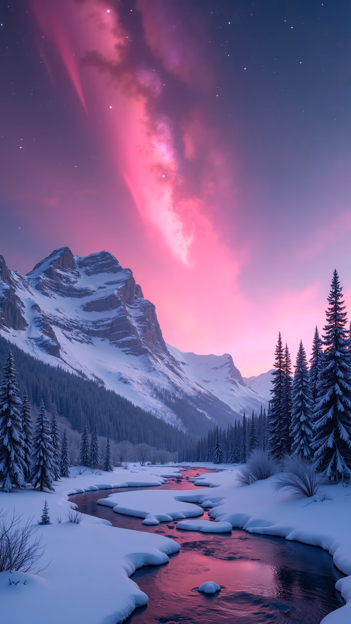 Magical aurora over snowy mountains and a calm river.