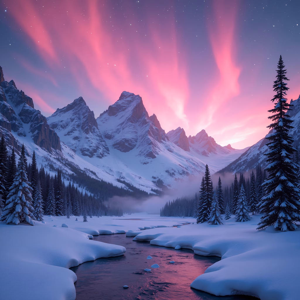 Aurora borealis illuminates a snowy mountain landscape with a serene river.