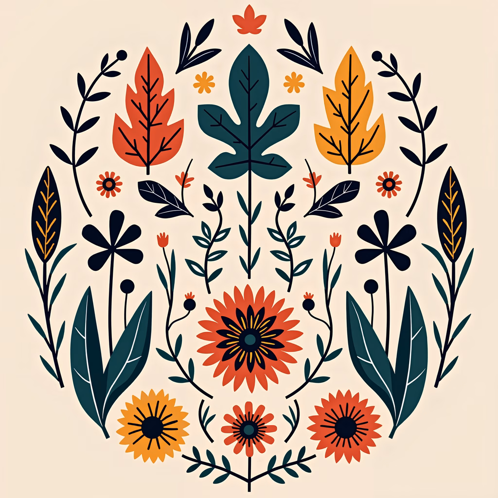 Vibrant autumn floral illustration with warm colors and detailed leaves and flowers.