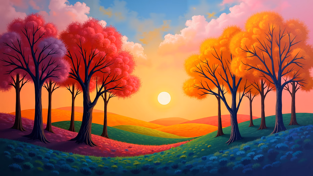 Vibrant autumn landscape with colorful trees and a setting sun.