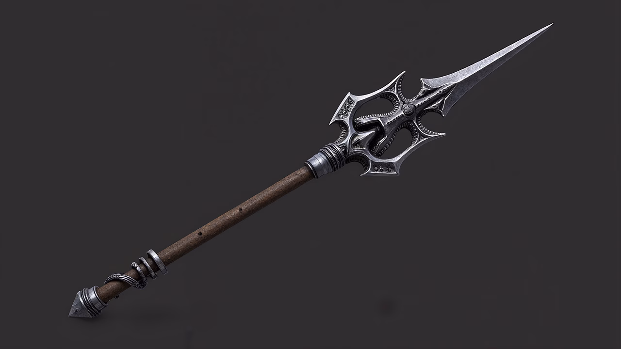 Detailed illustration of a battle spear with intricate designs and a rugged appearance.