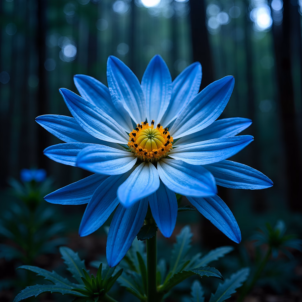 Close-up of a blue daisy with vibrant petals and a bright yellow center, set against a blurred forest background.