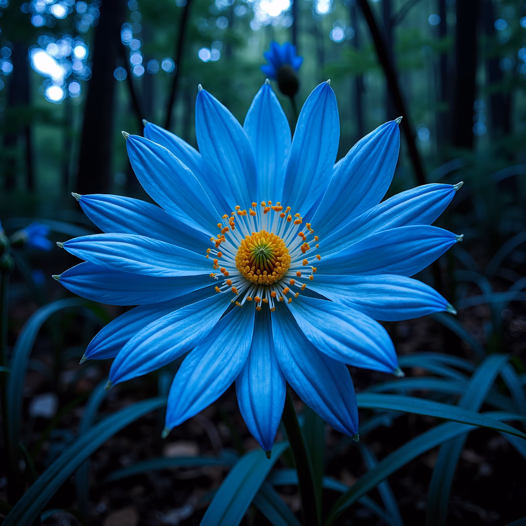 Vibrant blue flower in a tranquil forest setting