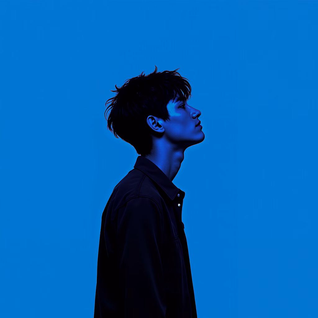Dramatic profile portrait with deep blue tones and contrasting shadows.