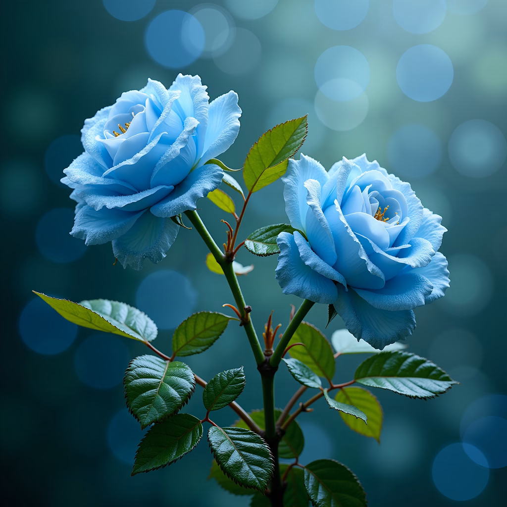Vibrant blue roses with dewy petals and lush green leaves, set against a bokeh background.