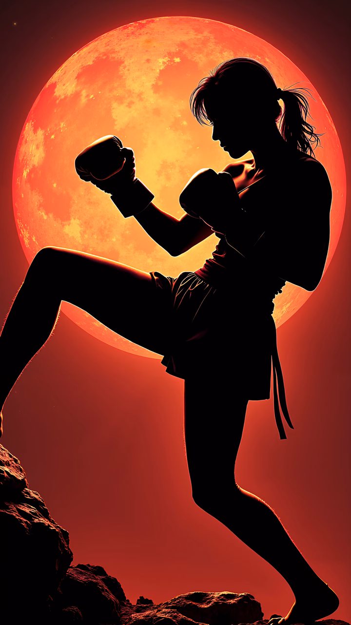 Silhouetted female boxer in action against a blood-red moon, symbolizing strength and passion.