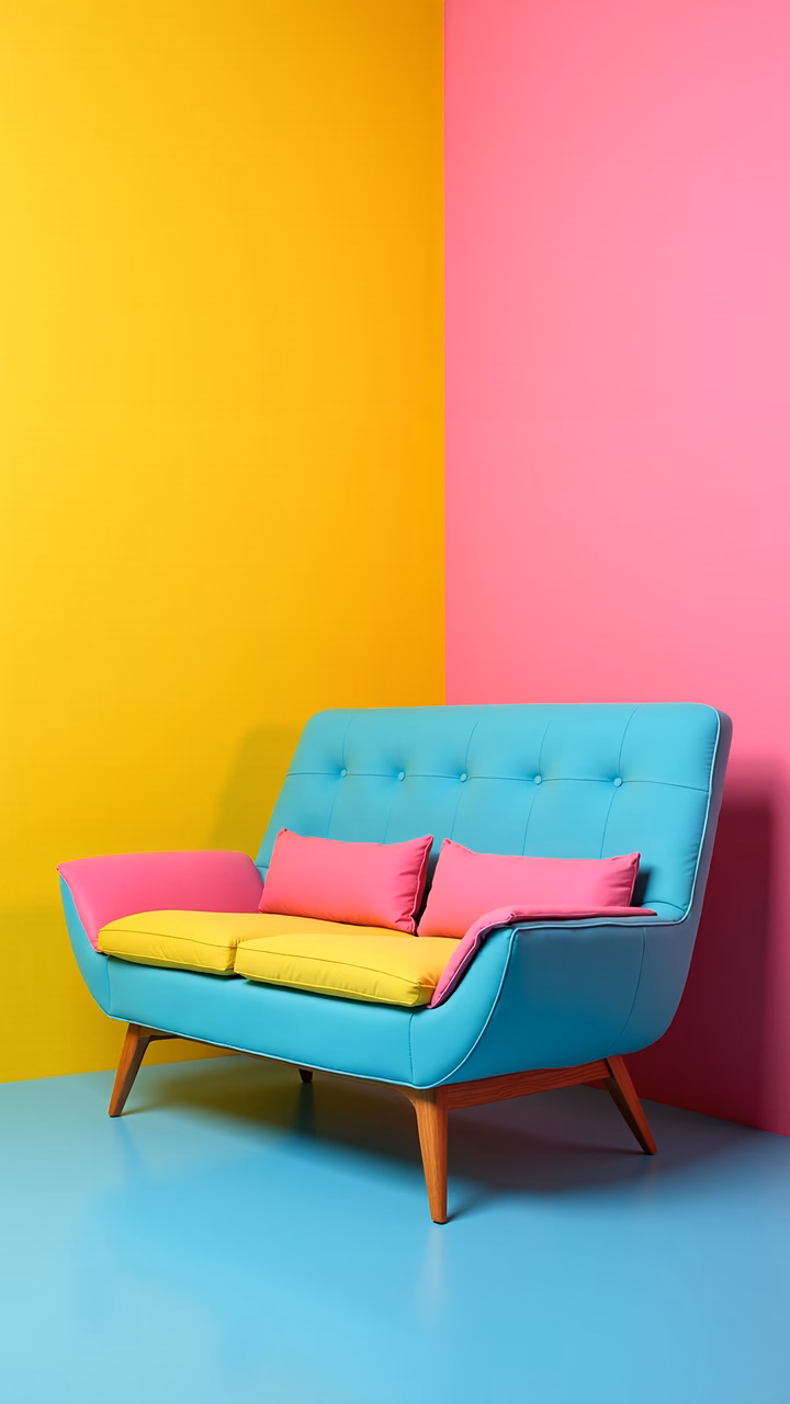 Bold color block couch against a split wall of yellow and pink, creating a vibrant interior design scene.