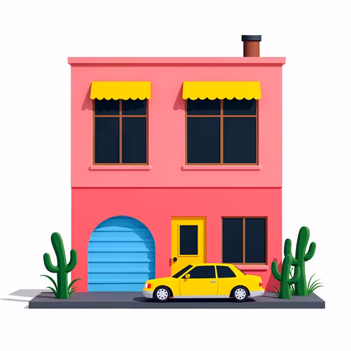 Bright Pink House with Yellow Car
