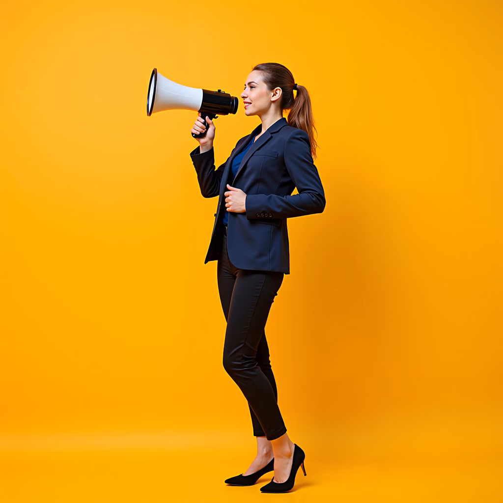 Confident businesswoman with megaphone, professional attire, vibrant yellow background.