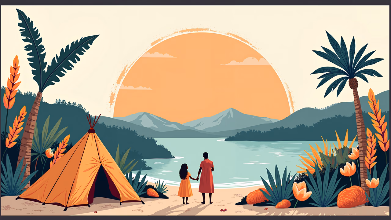 Romantic couple enjoying a sunset by a lake, surrounded by tropical plants and a tent.