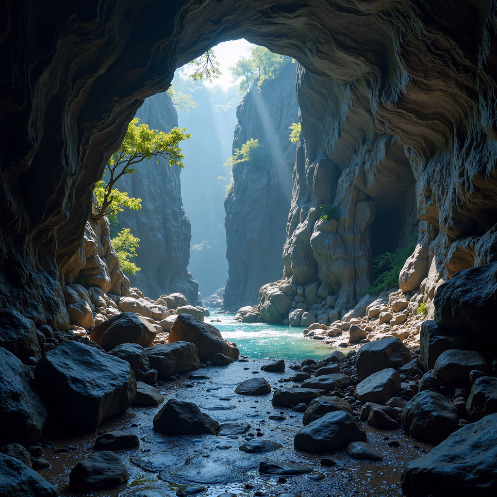A tranquil canyon scene with sunlight filtering through a natural archway, contrasting turquoise water and rugged stone walls.