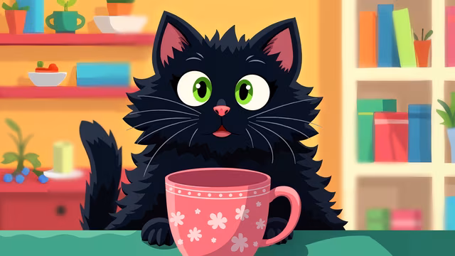 Cartoon Black Cat with Pink Mug