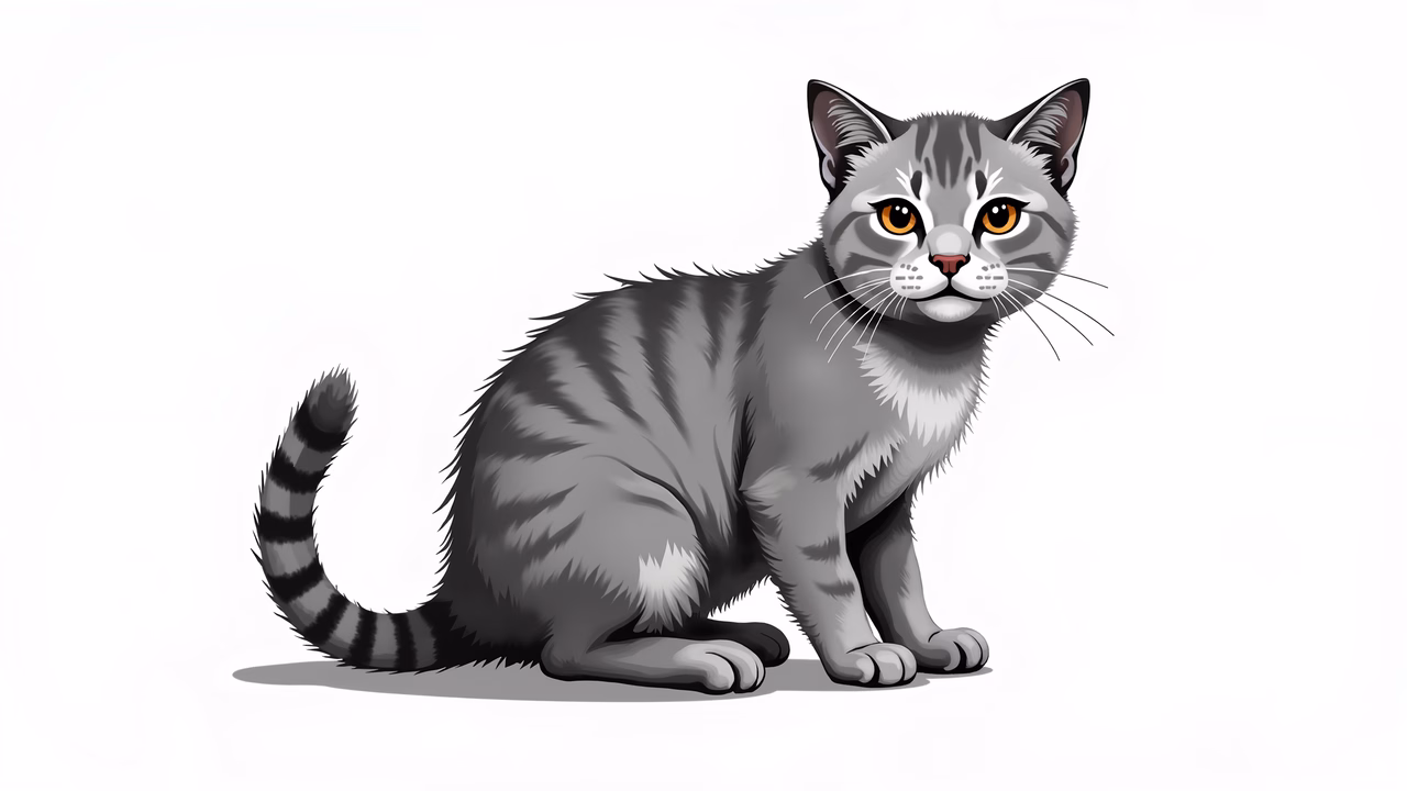 A cute, cartoon-style tabby cat sitting upright, showcasing its expressive eyes and detailed fur.