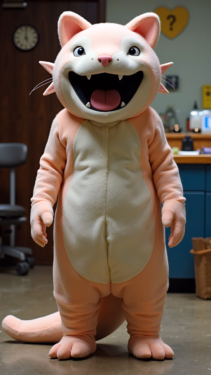 A person in a plush pink cat costume in an office setting.