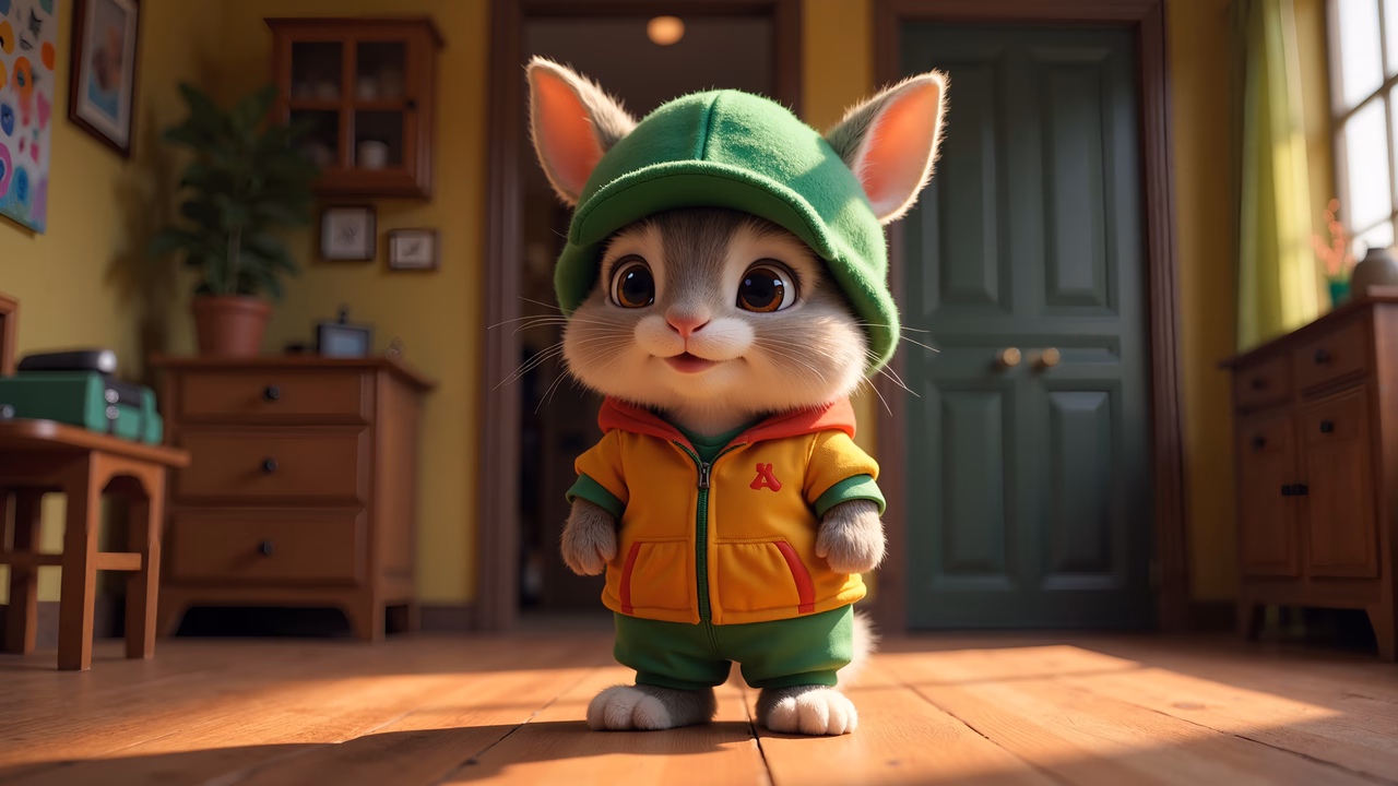 Cute cartoon cat in a cozy, sunlit room, wearing a green cap and hoodie.