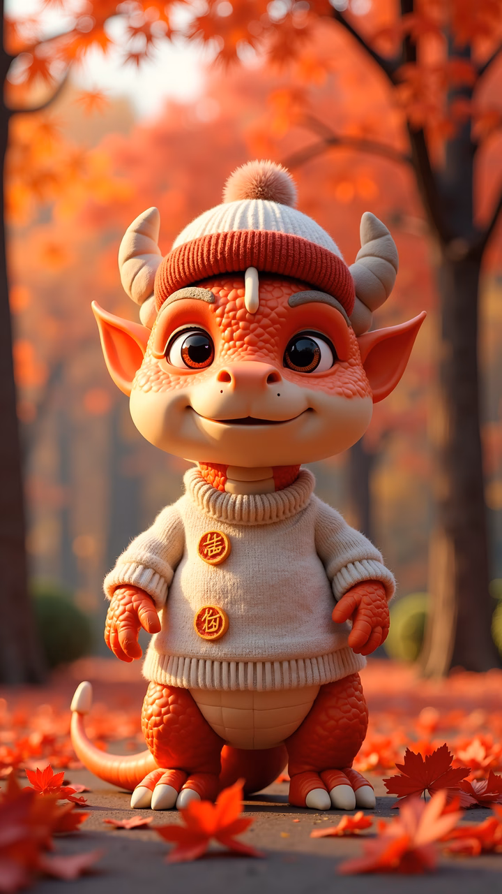 A cute cartoon dragon wearing autumn clothes amidst colorful foliage.