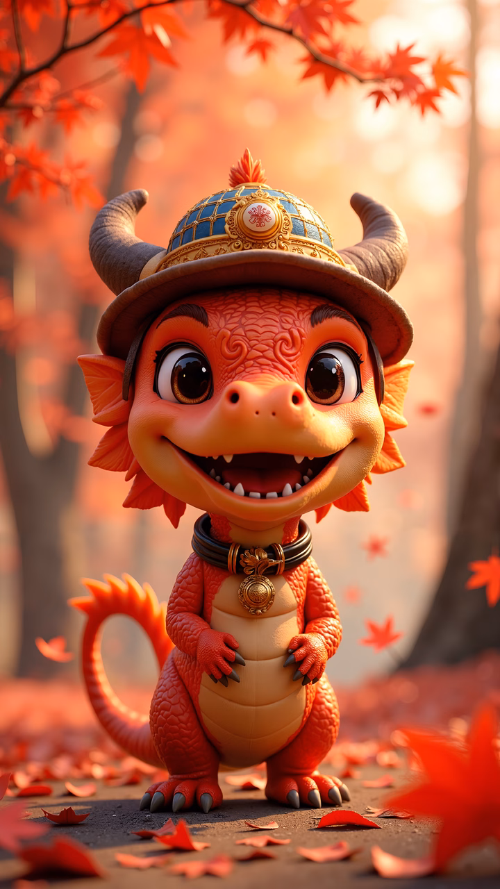 Whimsical cartoon dragon in a colorful autumn forest