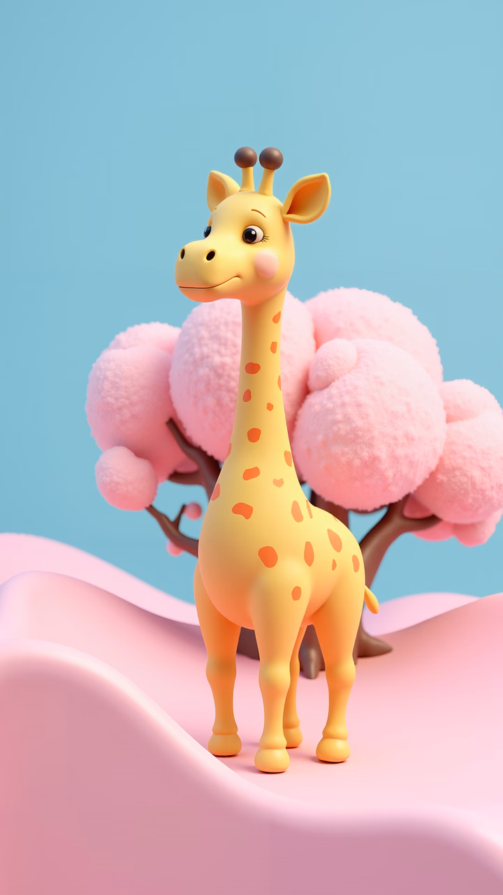 A cute giraffe in a whimsical, pastel-colored landscape.