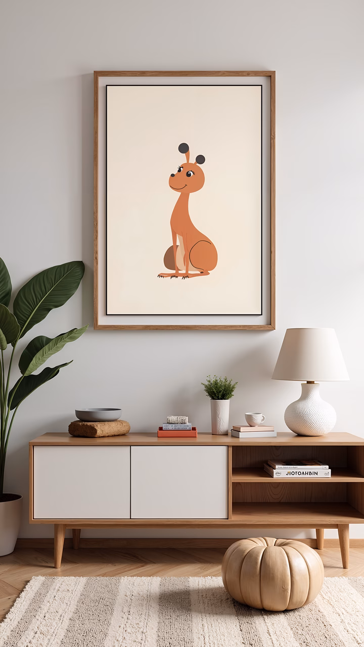 A cute cartoon giraffe illustration in a minimalist interior setting.