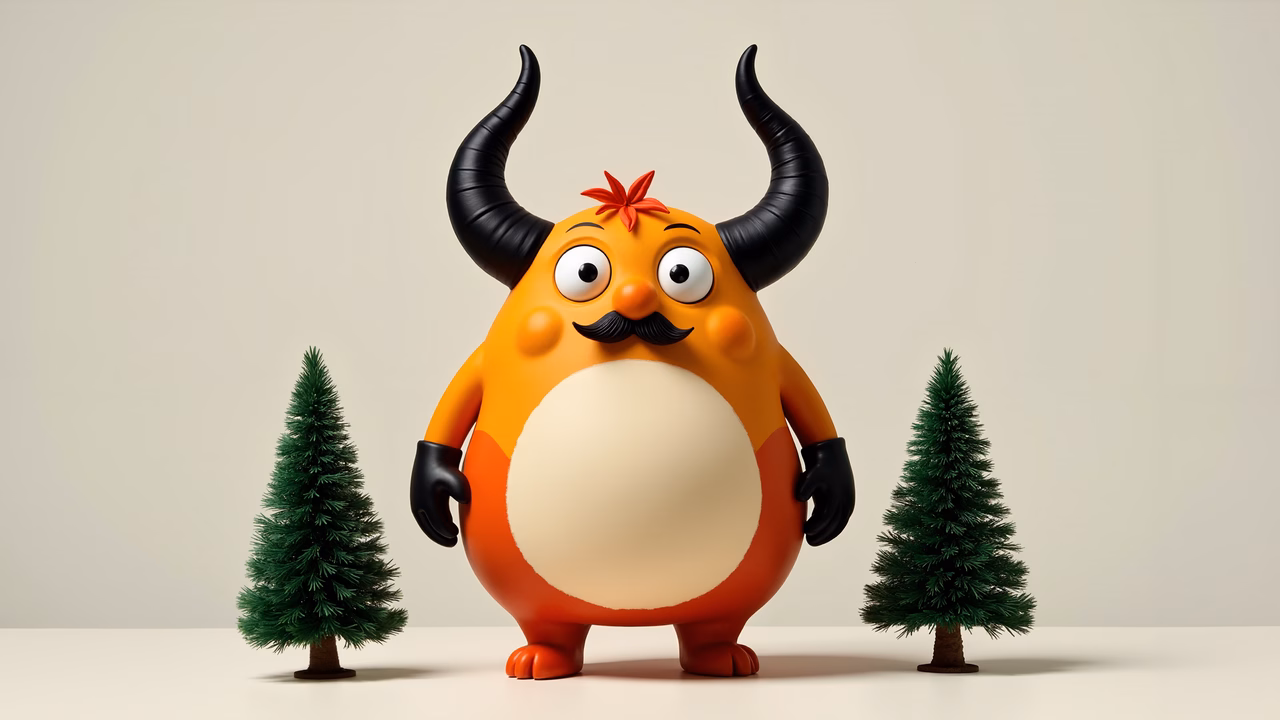A cute, cartoonish monster with horns and a flower, surrounded by pine trees.