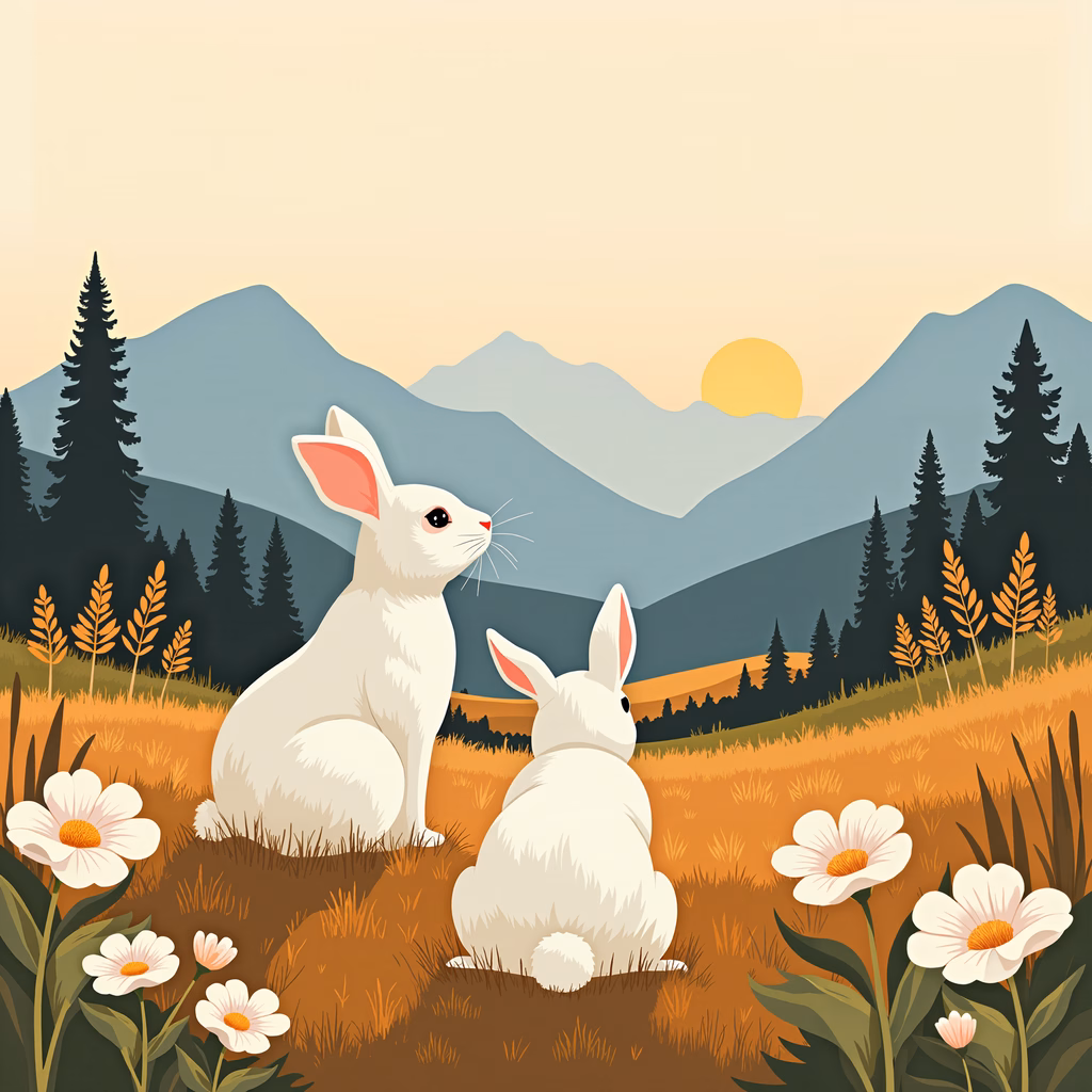 Two rabbits in a peaceful autumn landscape with soft colors and delicate flowers.