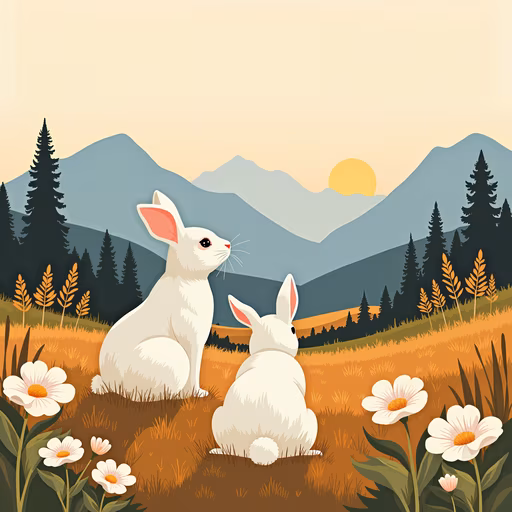 Cartoon Rabbits in a Serene Landscape