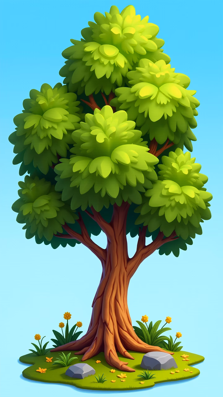 A cartoon tree with green leaves and yellow flowers against a blue sky.