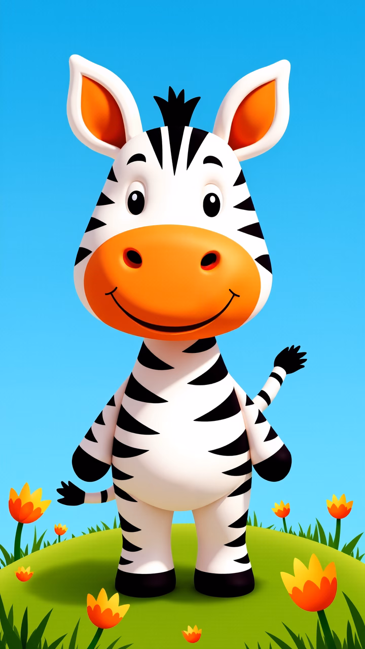 A happy cartoon zebra in a colorful outdoor setting.