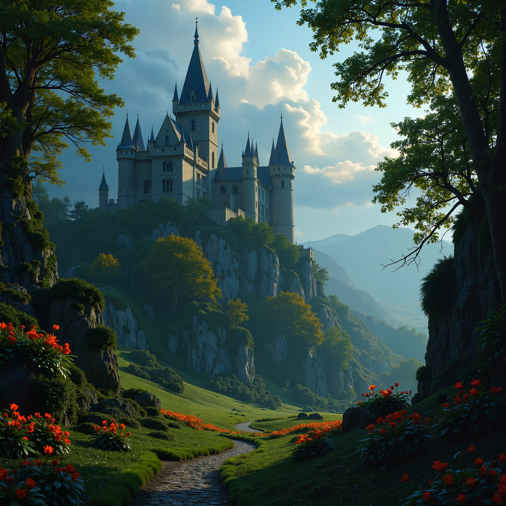A picturesque castle amidst nature, blending fantasy and reality.