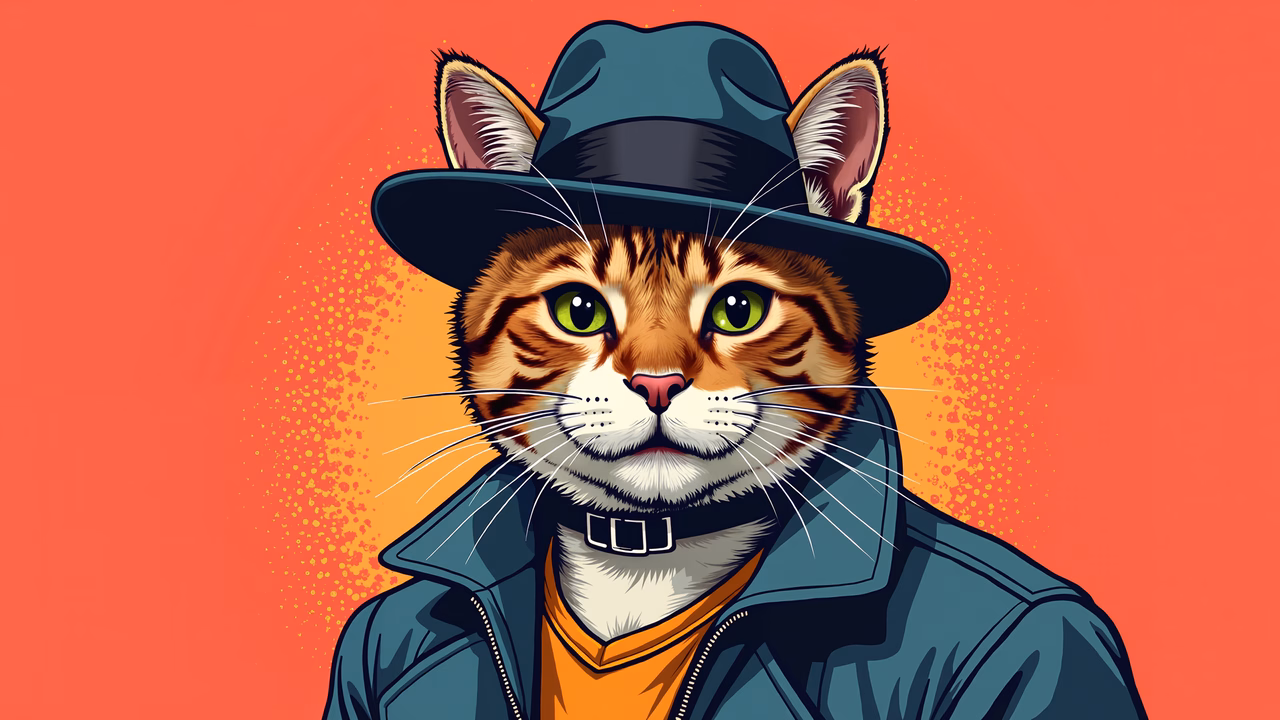 Vibrant pop art illustration of a cat detective in a stylish outfit.