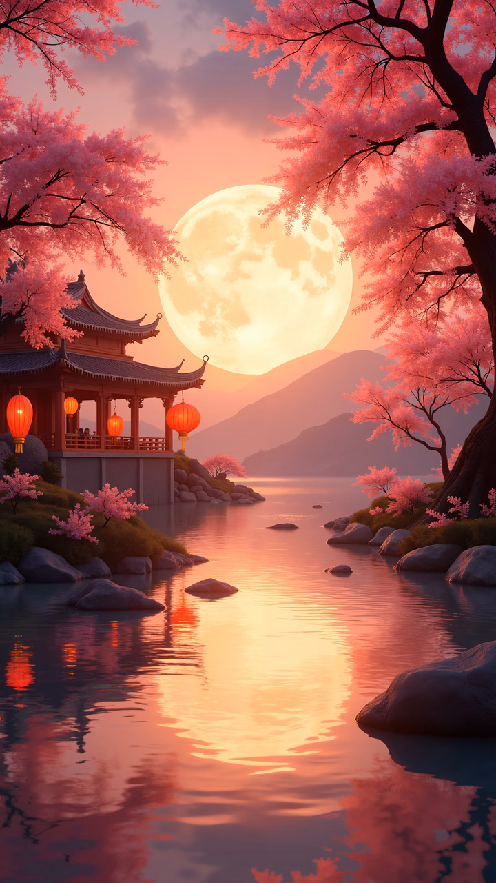 Romantic cherry blossom night with full moon and traditional pavilion.
