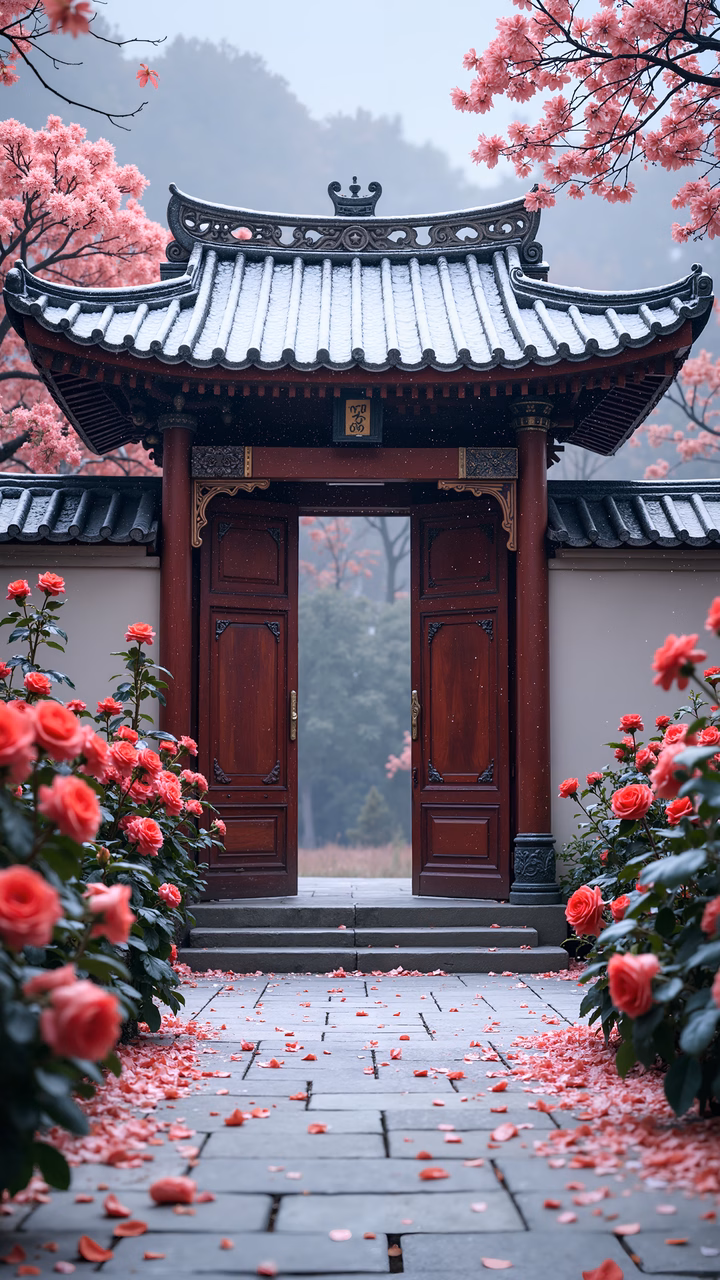 A peaceful pathway adorned with cherry blossoms leading to a traditional Chinese gate.