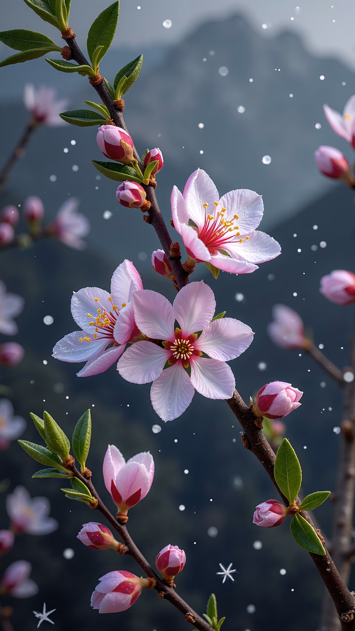 Soft pink cherry blossoms against a serene gradient background.